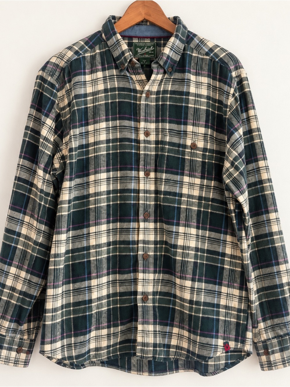 Woolrich 100% Cotton Dark Green and Cream Plaid Button-Down Shirt